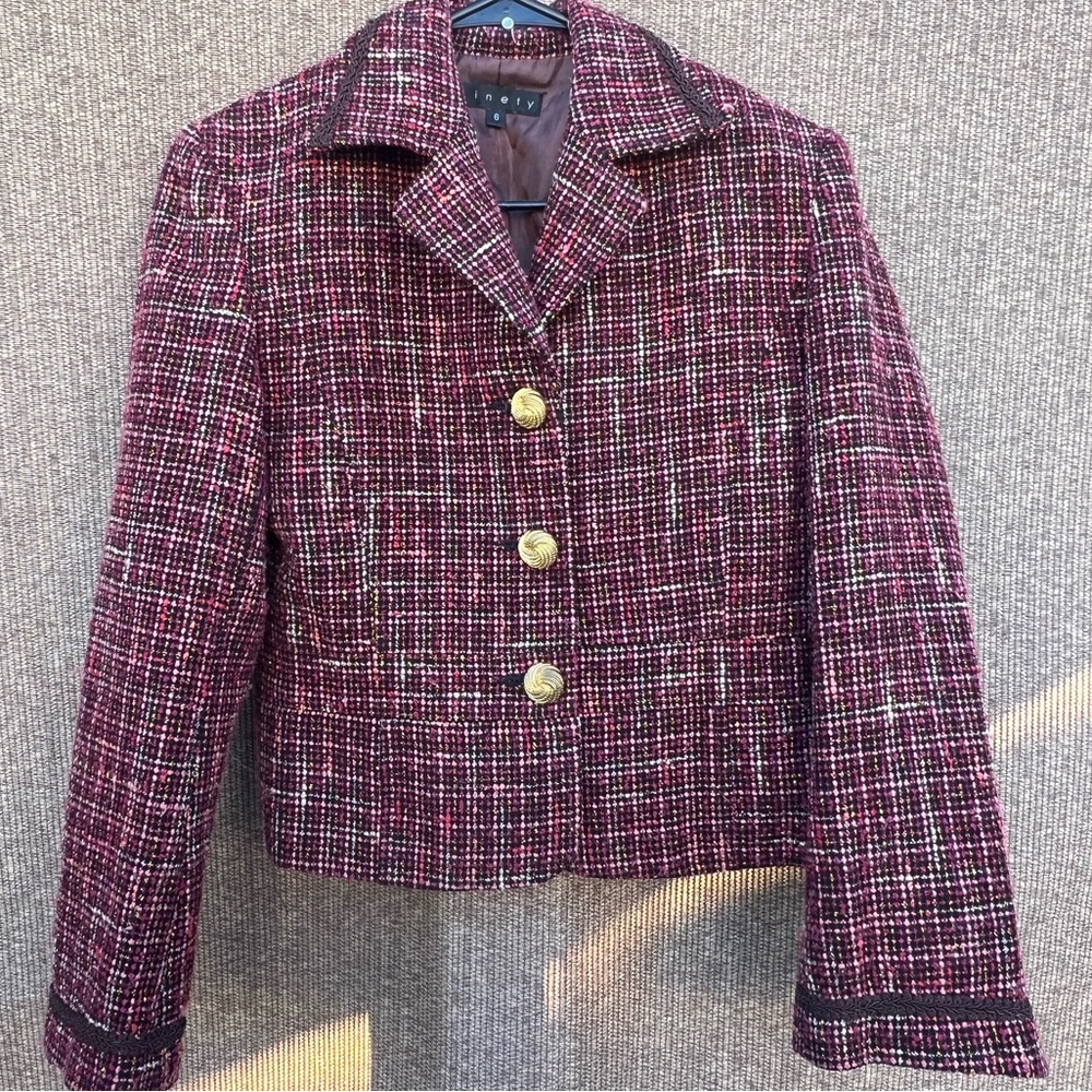vintage Ninety 90s burgundy tweed chore jacket blazer Gold Tone large Buttons